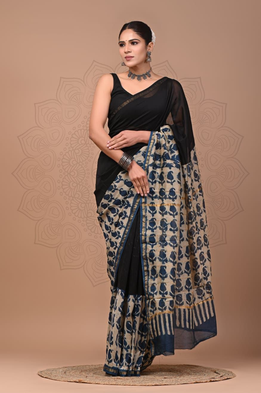 Chanderi Silk Cotton - Blue & Black