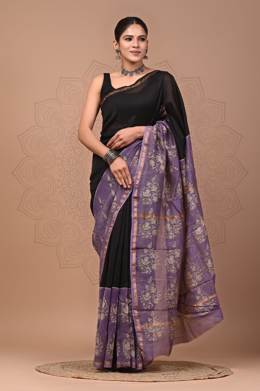 Chanderi Silk Cotton - Lavender & Black