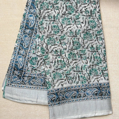 Linen Cotton Block print - White & Green